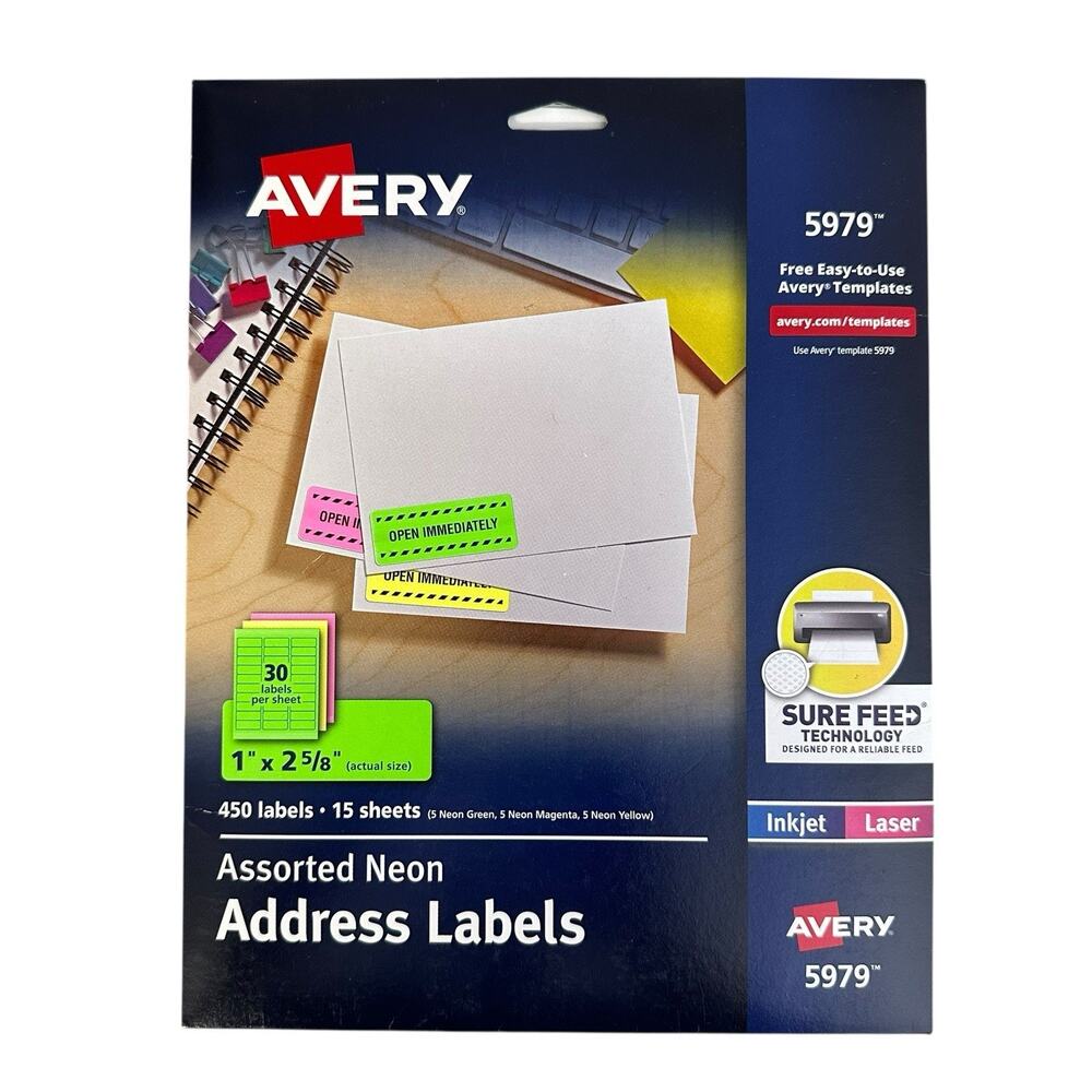 Avery 5979 High Visibility Rectangle Labels 1" x 2 5/8" 15 Sheets 450 Labels New